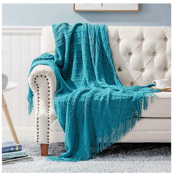 Navy Blue Diamond Bohemian Home Tassel Knit Throw Cozy Fringe Patterned Blanket - Picture 13 of 16